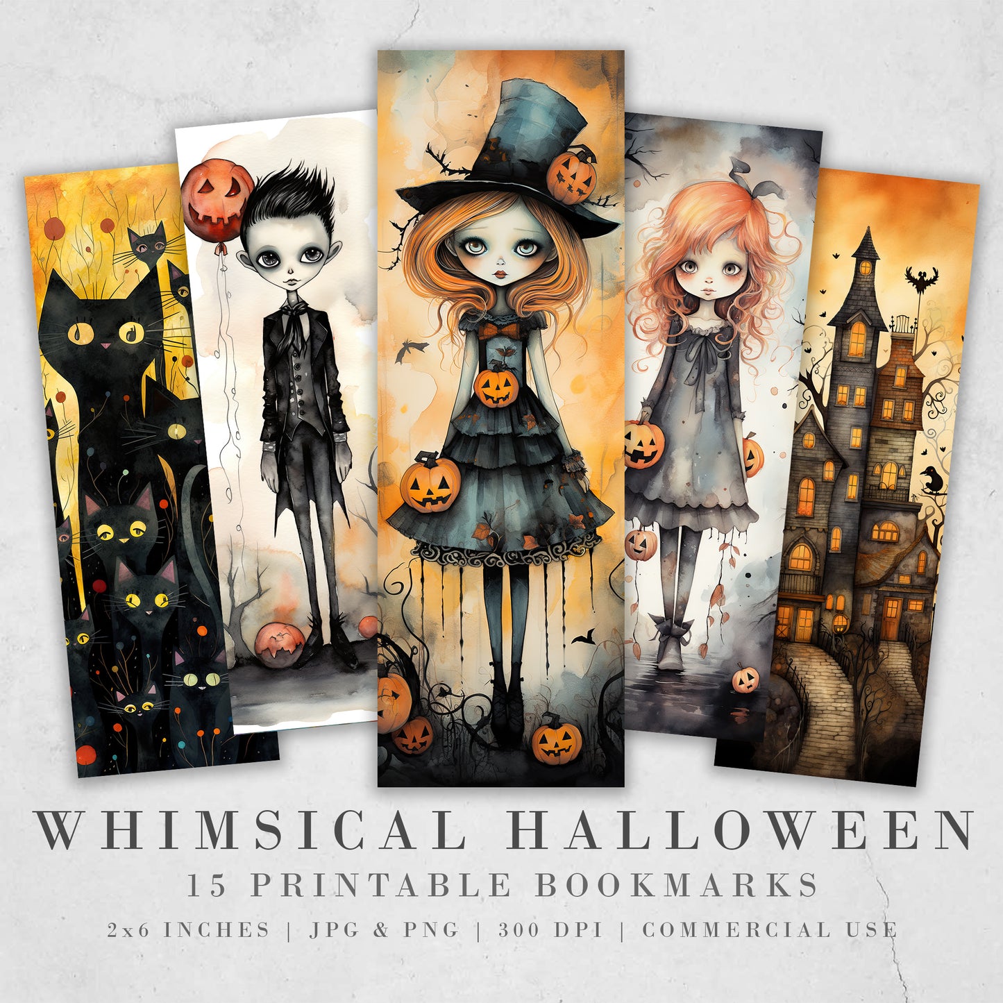 15 Cute Halloween Themed Printable Bookmarks | Digital Download JPG Bookmark Sheets | PNG bookmark sublimation | Whimsical bookmark set