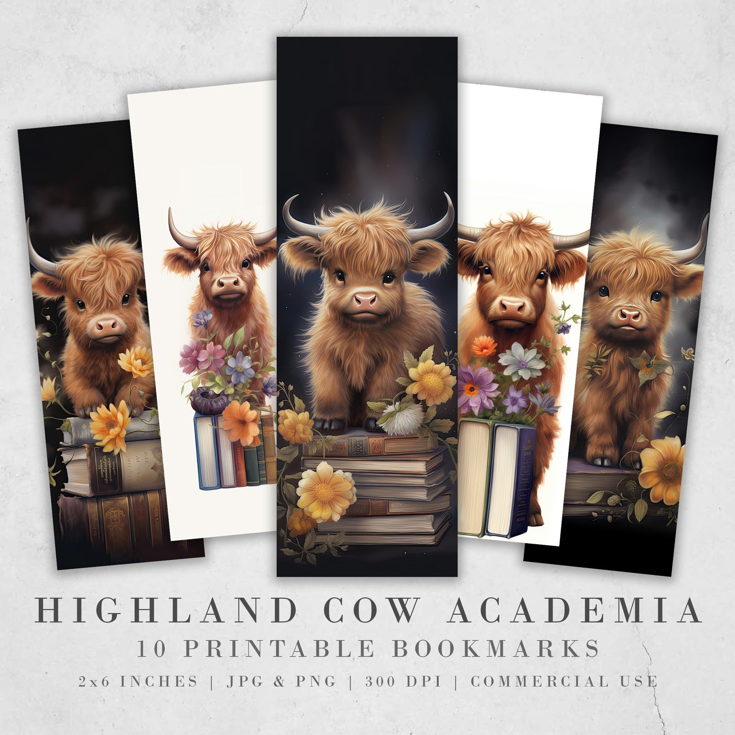 10 Watercolor Highland Cow Printable Bookmarks, Bookmark Sheets & sublimation files