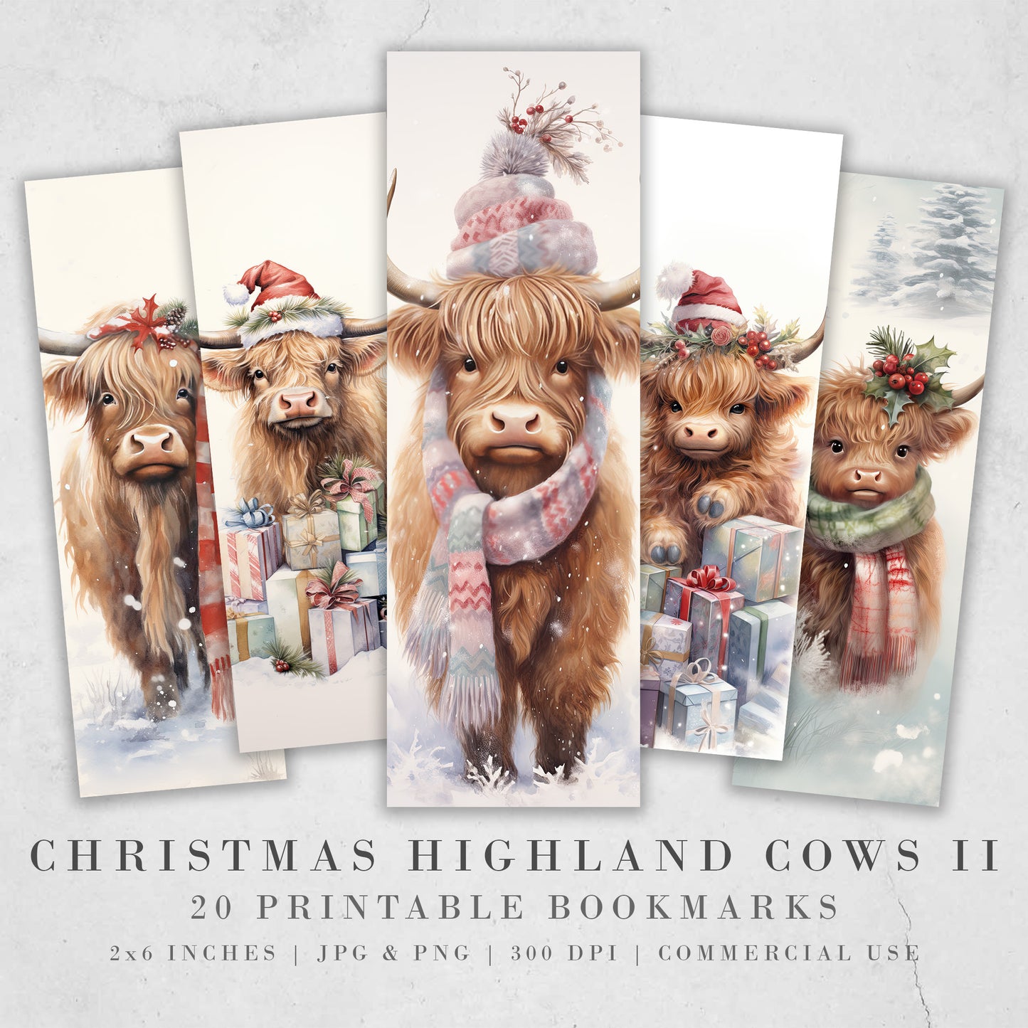 20 weihnachtliche Hochlandkuh-Lesezeichen zum Ausdrucken | Digitaler Download JPG-Lesezeichenblätter | PNG-Lesezeichen-Sublimation | Kalb-Lesezeichen-Set | Weihnachten