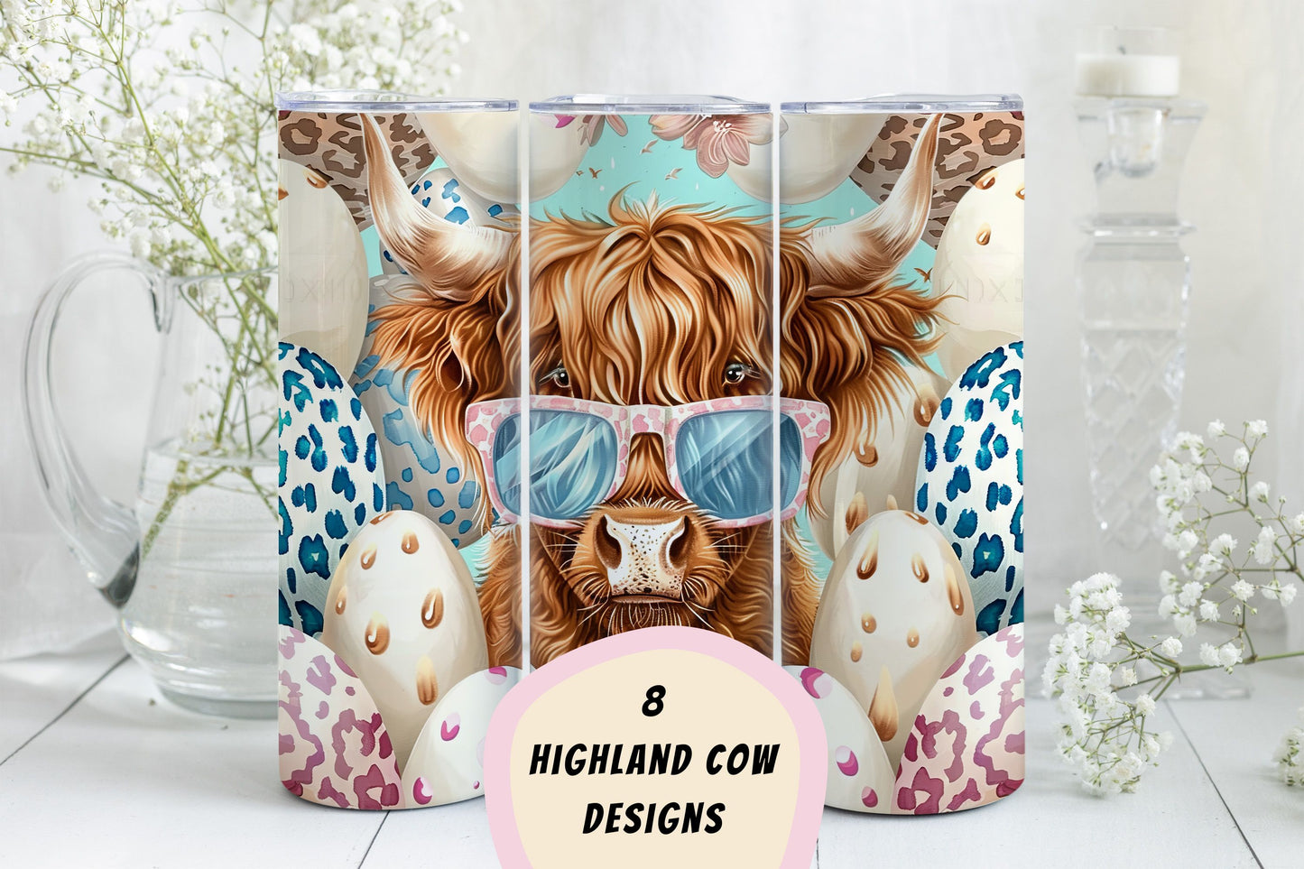 8 Osterhochlandkuh 20oz Skinny Tumbler Sublimation Wraps | Digitaler Download Straight Tumbler Wrap PNG| Nahtloses Ostereier-Design-Paket