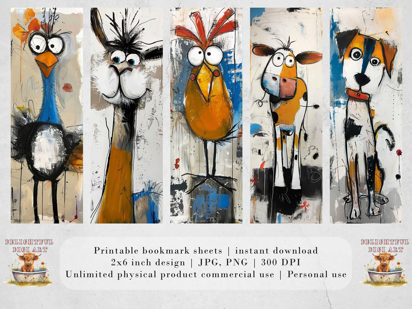 Crazy Farm Animal Printable Bookmarks | Cute Mixed Media JPG Bookmark Sheets| PNG sublimation| Whimsical bookmarks for Women and Kids
