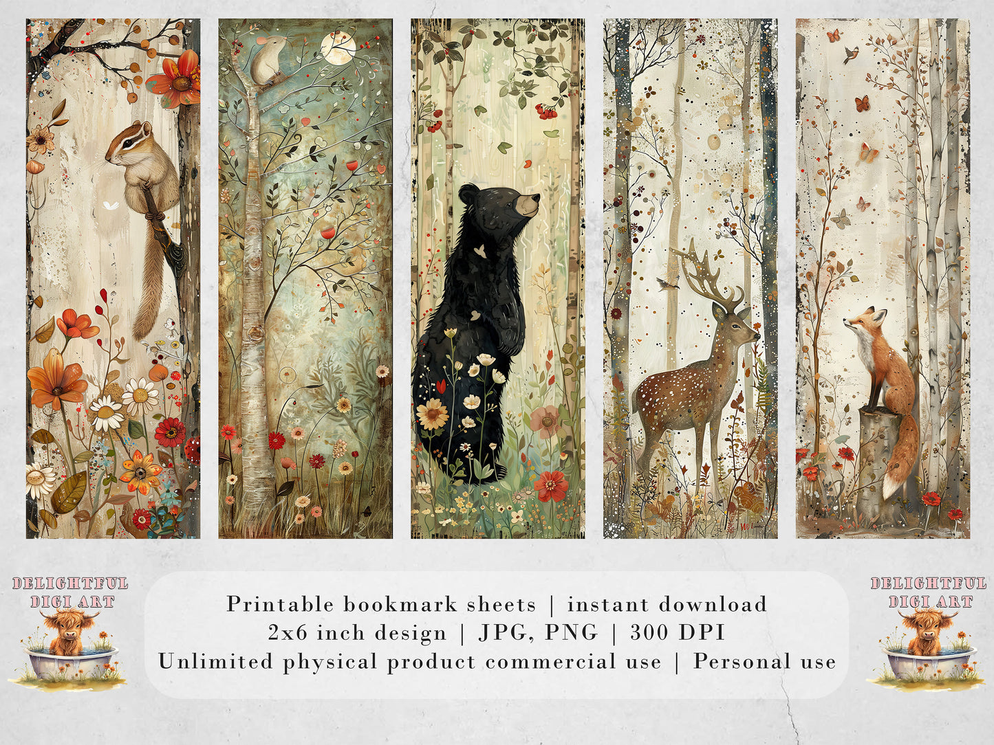 10 Woodland Animals Printable Bookmarks | Digital Download JPG Bookmark Set| PNG bookmark sublimation | Cute bookmark set | Fussy Cuts Gift