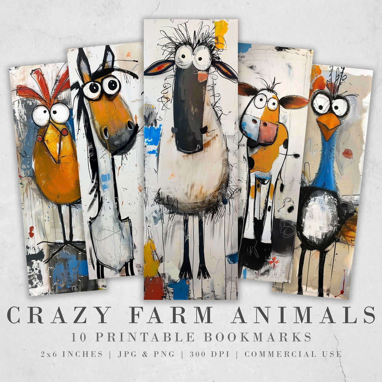 Crazy Farm Animal Printable Bookmarks | Cute Mixed Media JPG Bookmark Sheets| PNG sublimation| Whimsical bookmarks for Women and Kids