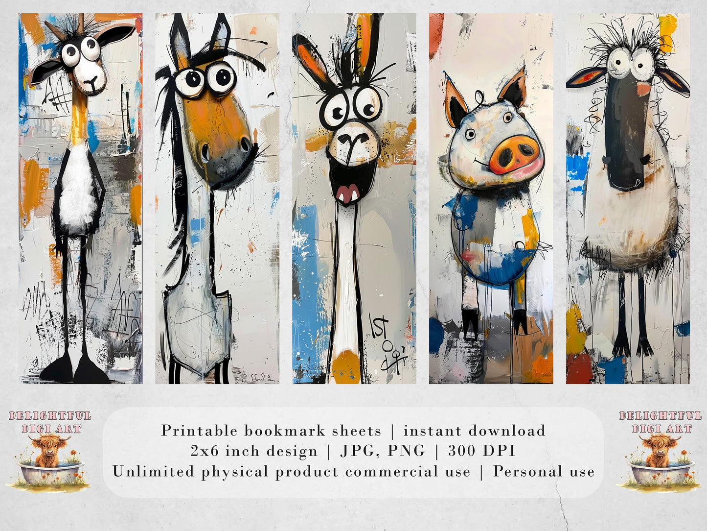 Crazy Farm Animal Printable Bookmarks | Cute Mixed Media JPG Bookmark Sheets| PNG sublimation| Whimsical bookmarks for Women and Kids