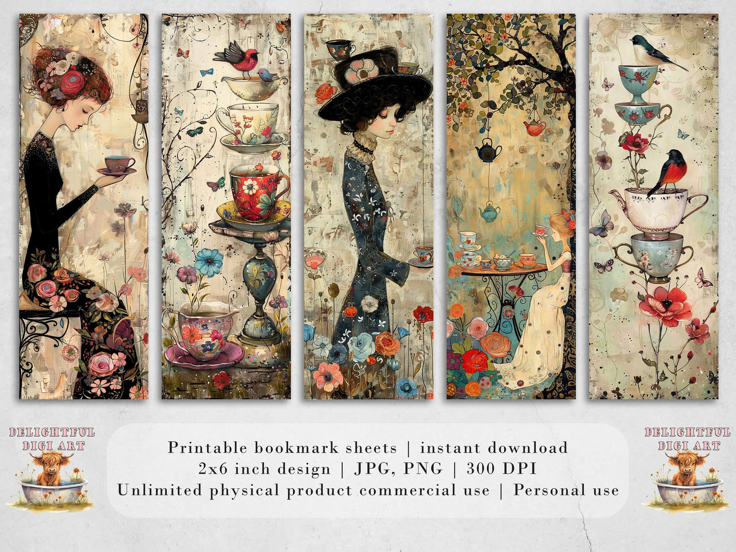 Whimsical Tea Party Printable Bookmarks, 15 Quirky Mixed Media Collage| PNG sublimation, Teacups and saucers, vintage ephemera, scrapbooking