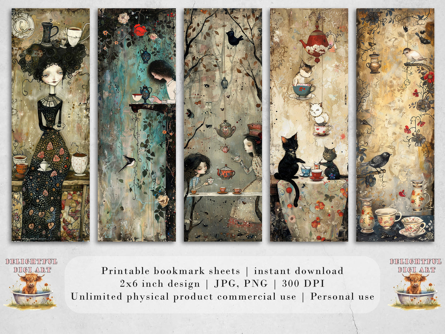 Whimsical Tea Party Printable Bookmarks, 15 Quirky Mixed Media Collage| PNG sublimation, Teacups and saucers, vintage ephemera, scrapbooking