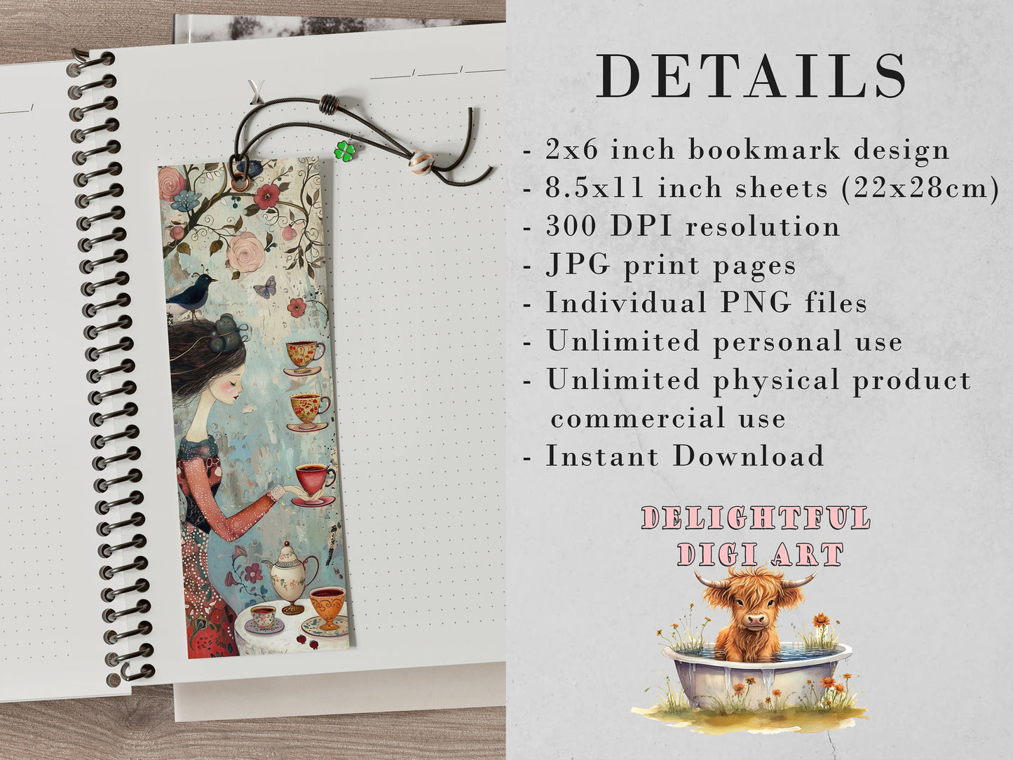 Whimsical Tea Party Printable Bookmarks, 15 Quirky Mixed Media Collage| PNG sublimation, Teacups and saucers, vintage ephemera, scrapbooking