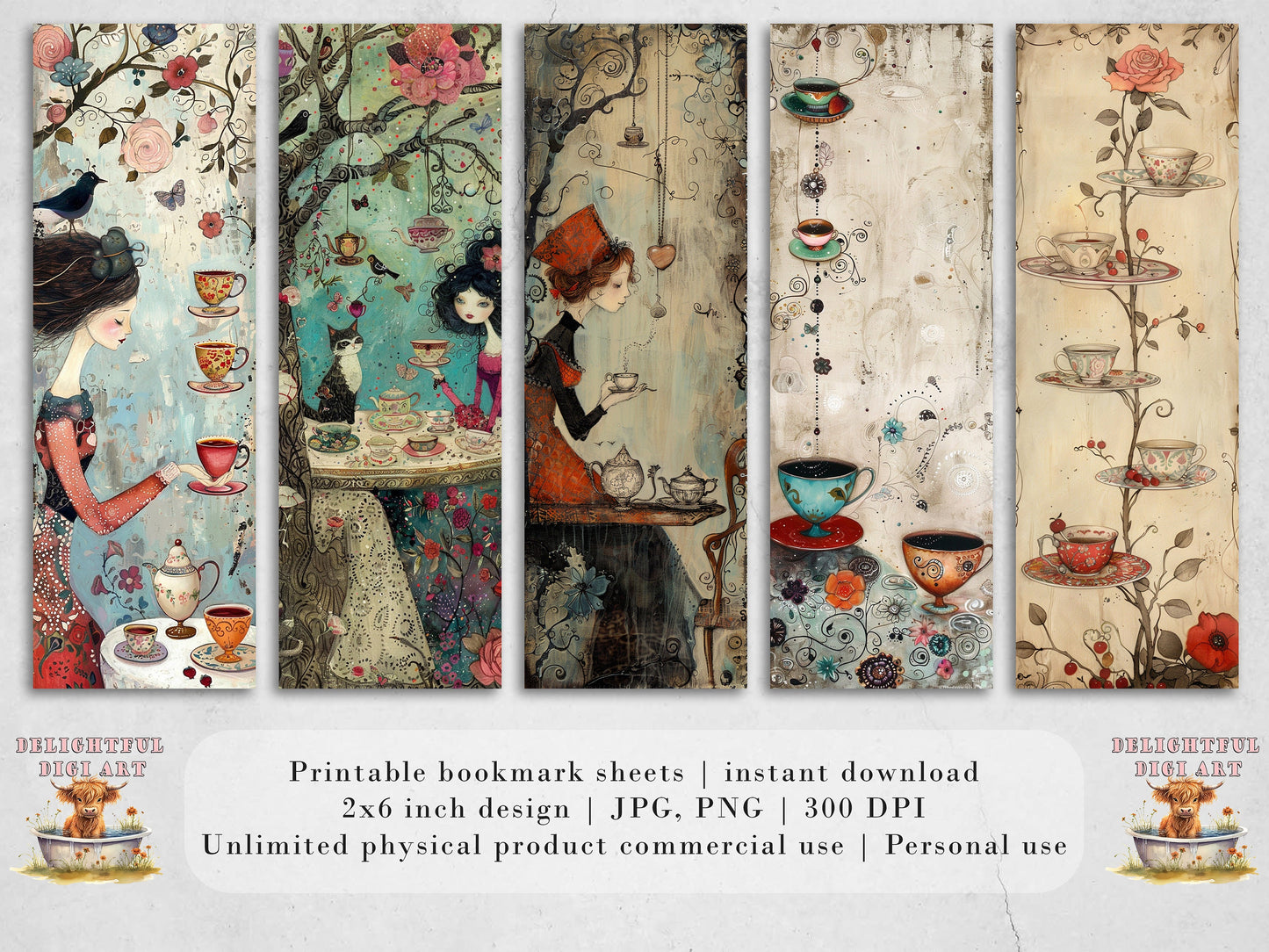 Whimsical Tea Party Printable Bookmarks, 15 Quirky Mixed Media Collage| PNG sublimation, Teacups and saucers, vintage ephemera, scrapbooking