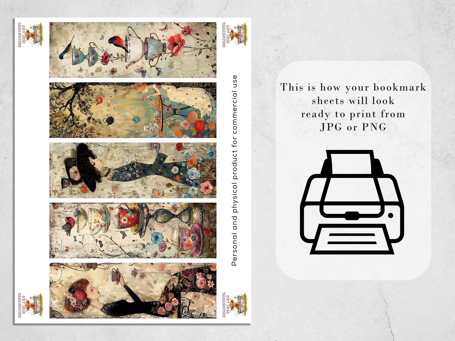 Whimsical Tea Party Printable Bookmarks, 15 Quirky Mixed Media Collage| PNG sublimation, Teacups and saucers, vintage ephemera, scrapbooking