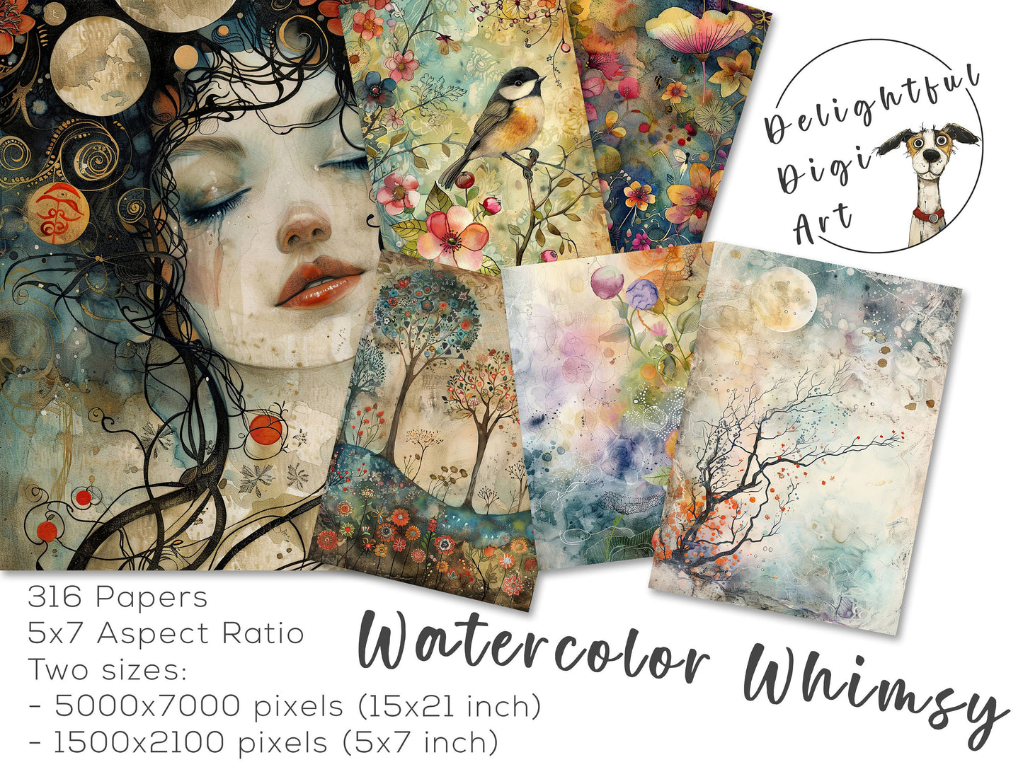 300+ Watercolor Whimsy Backgrounds, Digital Download Paper Set, Whimsical, Quirky, Junk Journal, Scrapbook, JPG, 5x7 Floral Card Making Pack