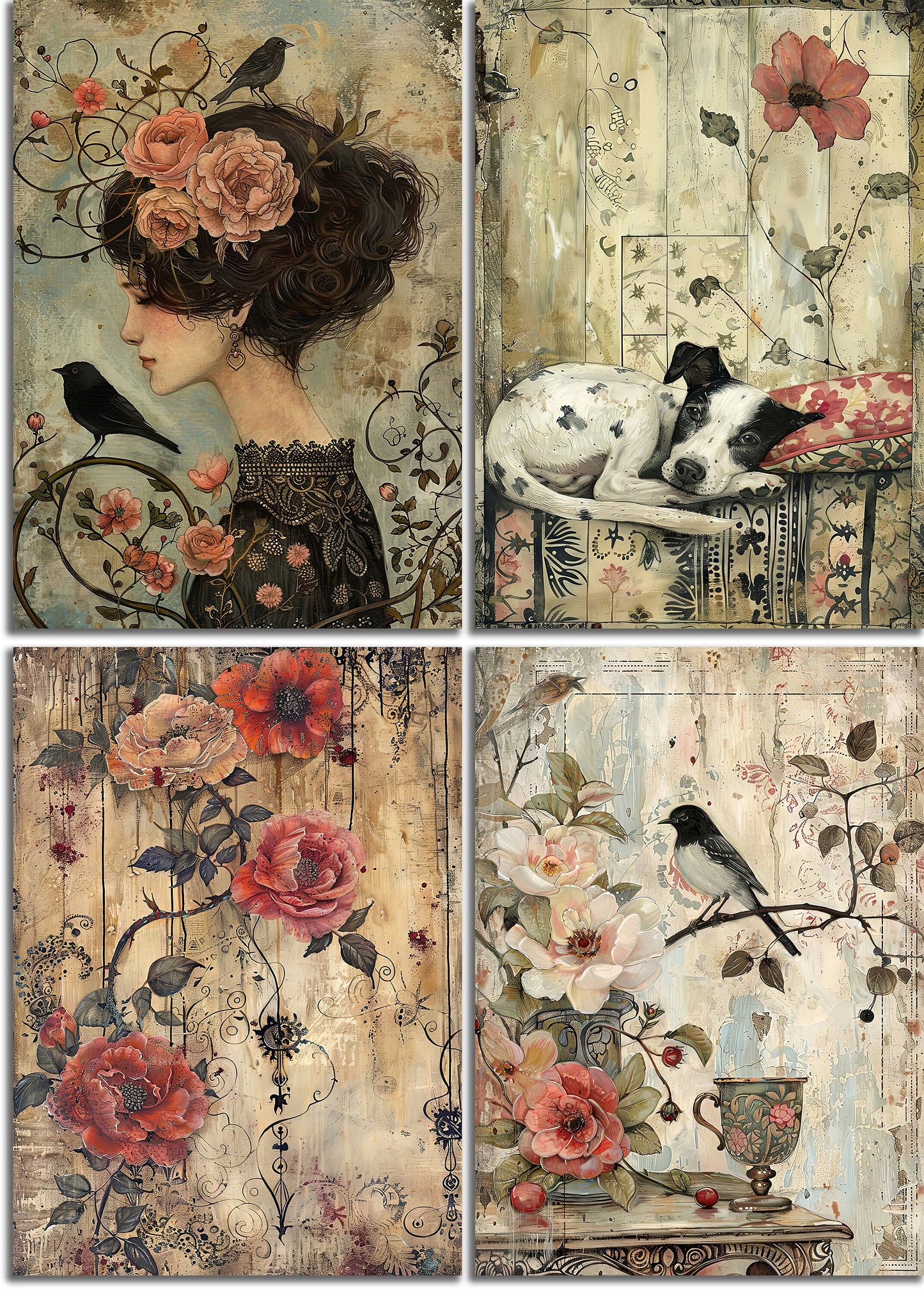 Vintage Whimsy Printable Art Pages, Quirky Art Pack, Flowers, Portraits, Birds, Pets, Junk Journal, Scrapbook, Craft Gift Idea for women