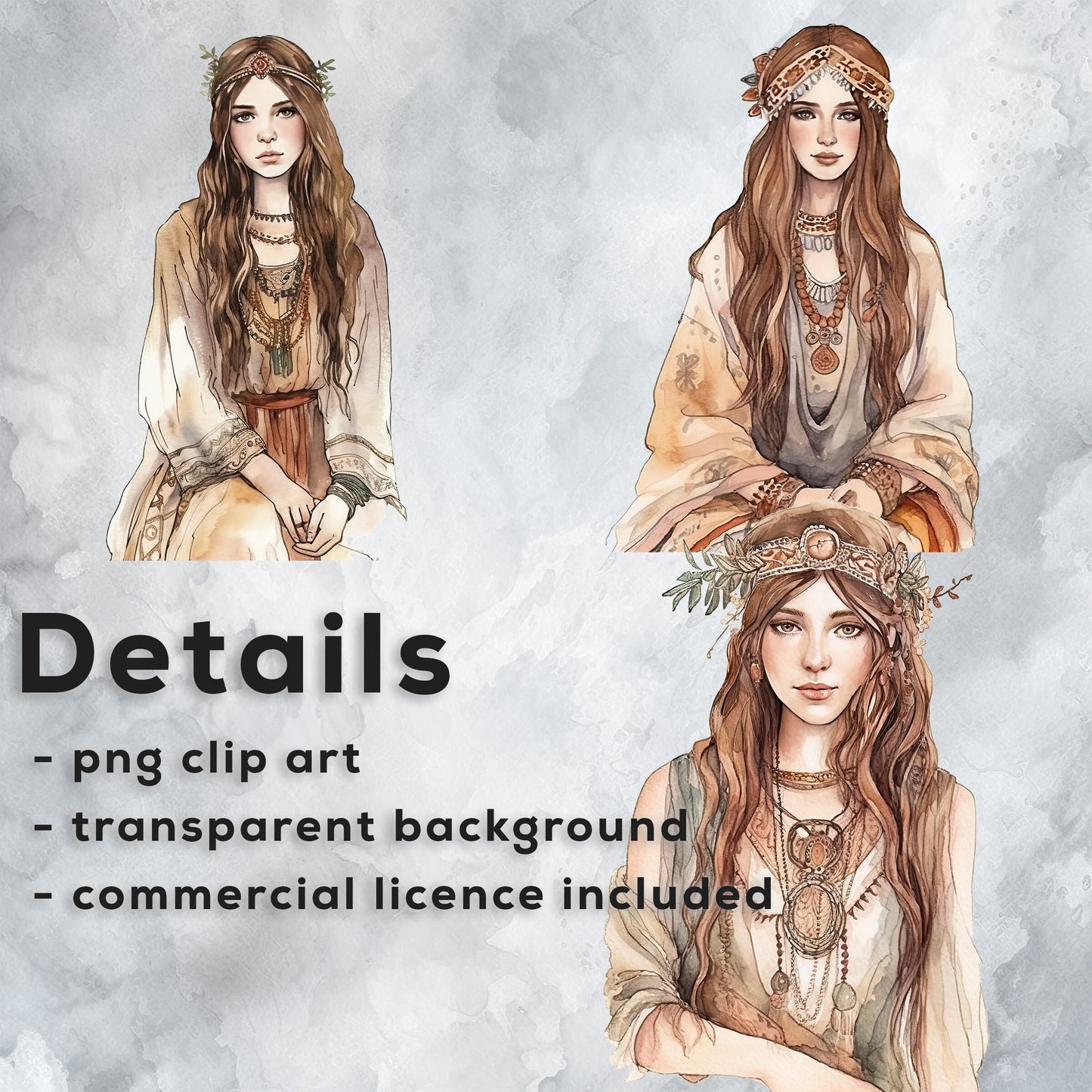 Boho Women Clip Art Bundle, Boho Girls Clipart, Beautiful Women PNG Bundle, T-shirt Sublimation, Clip Art Pack, Watercolor Portraits,