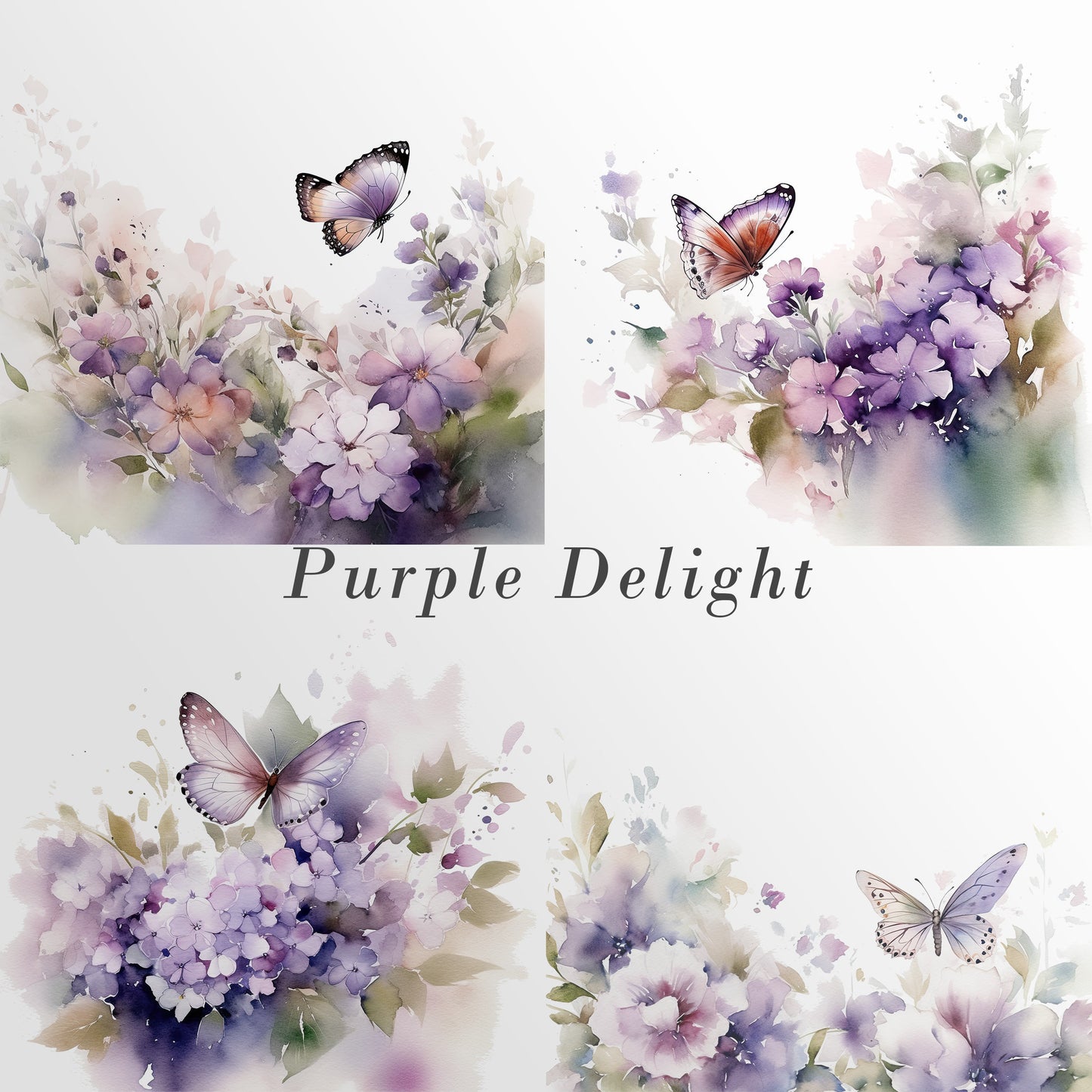 Wild Floral Clipart - Floral Watercolor Borders - Premade Clipart - Wedding Clipart - Floral Borders - Watercolor Clipart - Purple Flowers