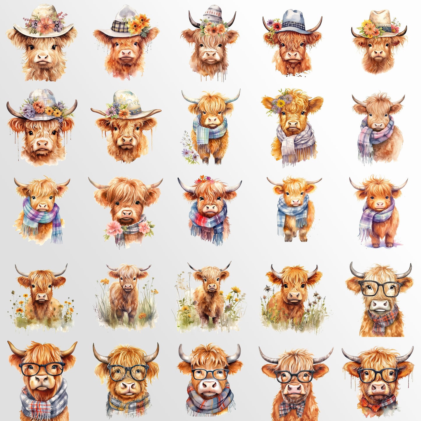 Highland Cow Watercolor Clipart, Cow PNG, Baby Shower Art, Baby Animals, Highland Cow SVG, Baby Cow Clip Art Bundle, Summer Sublimation File