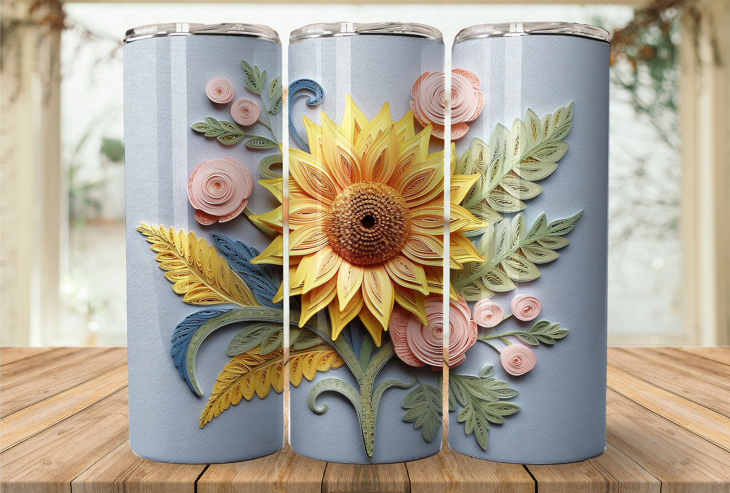 3D Embroidered Sunflower, 20 oz Skinny Tumbler Sublimation Design, Instant Digital Download, Straight & Tapered Tumbler Wrap PNG
