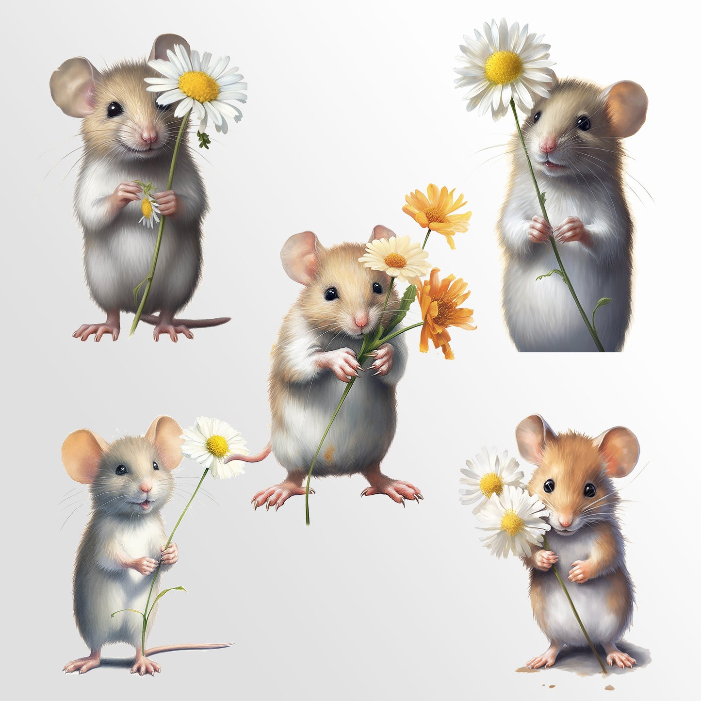 Mouse and Flower Clipart, PNG Bundle, Card Making, Digital Paper Craft, Cute Mice Nursery Art, Sublimation Designs, Commercial Use, PNG Pack
