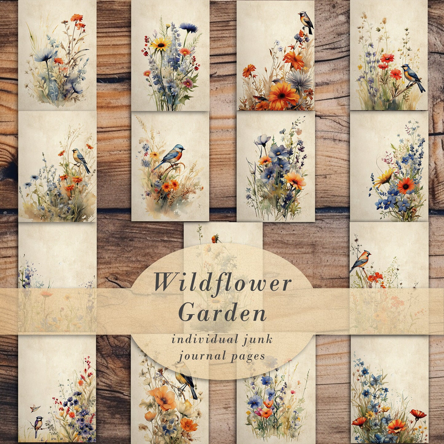 Watercolor Wildflowers Junk Journal Printable Pages, Paper Craft Scrapbook Page, Vintage Cards Printable Paper, Shabby Chic Digital Download