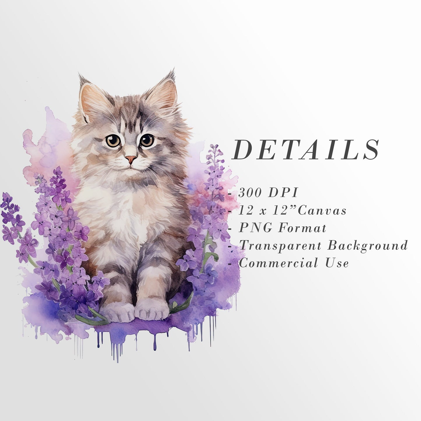 lilac watercolor floral cats, purple kitten clipart, purple flowers, PNG Bundle, commercial use, scrapbooking graphics, crafting, tumbler