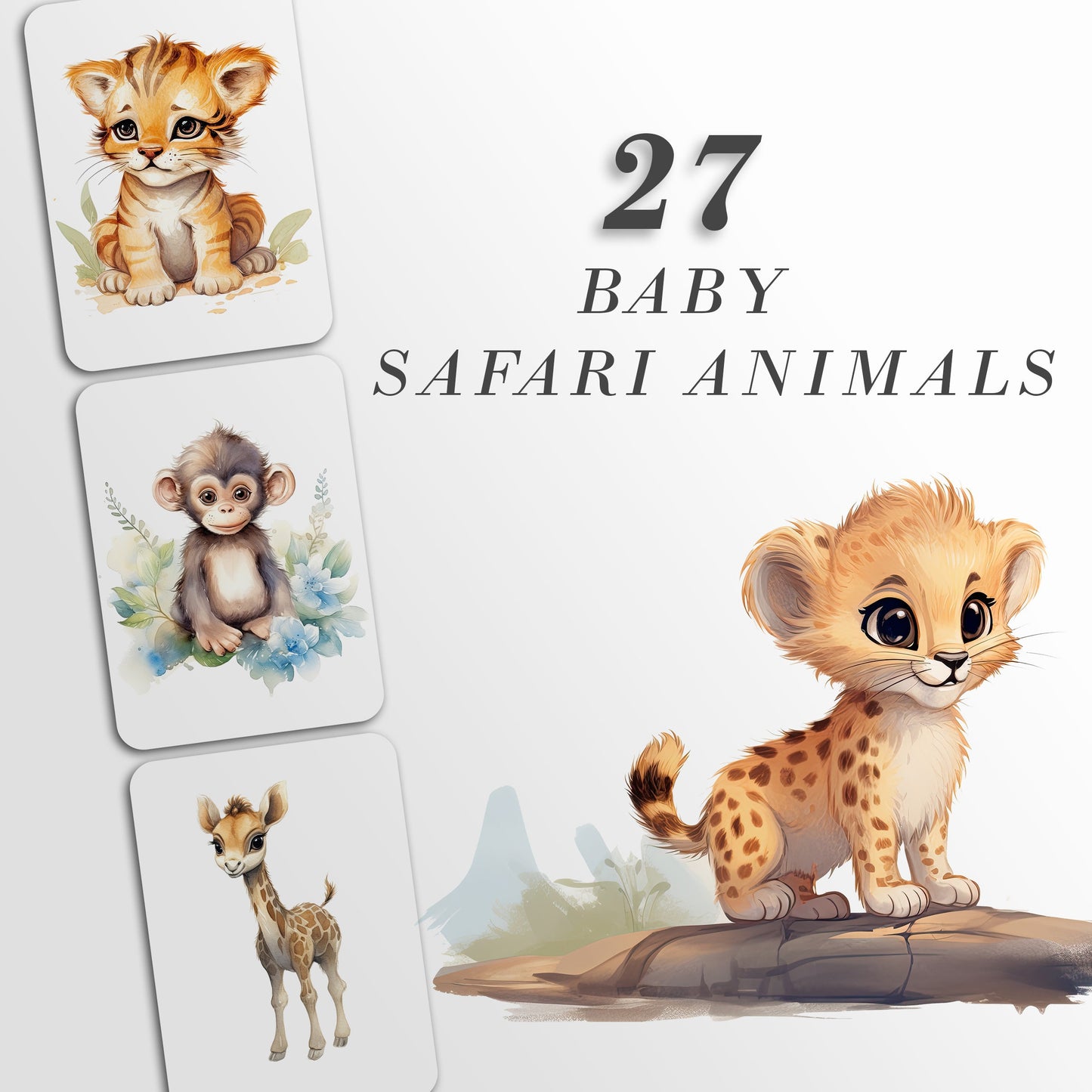 Safari Baby Animals Watercolor Clipart - Cute Baby Shower Nursery Decor- Birthday Baby Monkey Lion Giraffe Zebra Elephant PNG Download