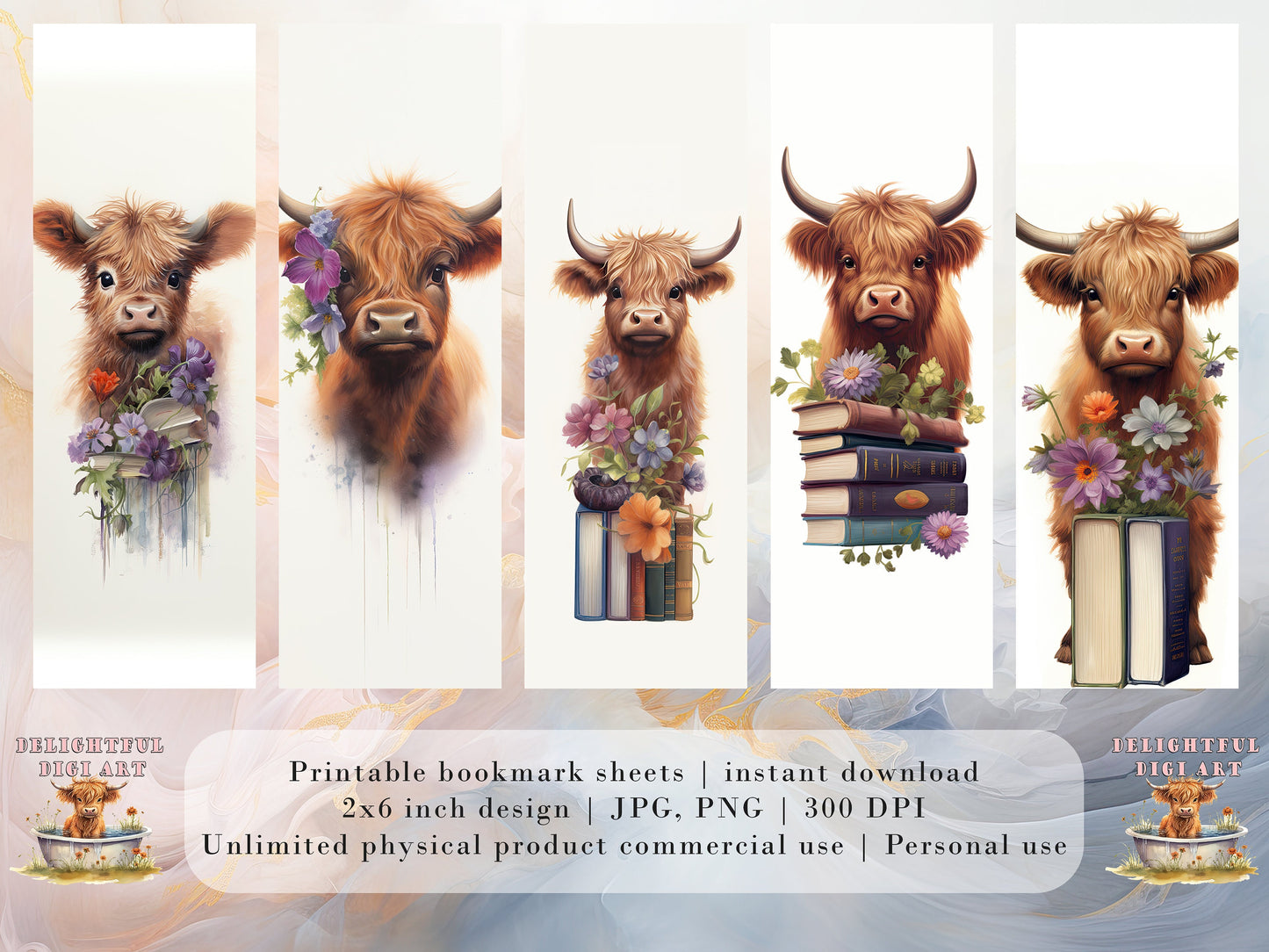 10 Watercolor Highland Cow Printable Bookmarks | Digital Download JPG Bookmark Sheets | PNG bookmark sublimation | Calf bookmark set | Gift