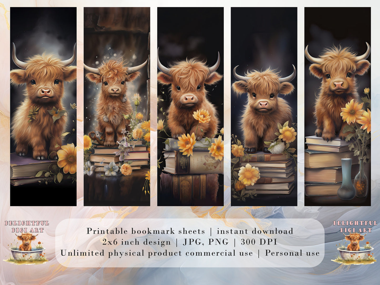 10 Watercolor Highland Cow Printable Bookmarks | Digital Download JPG Bookmark Sheets | PNG bookmark sublimation | Calf bookmark set | Gift