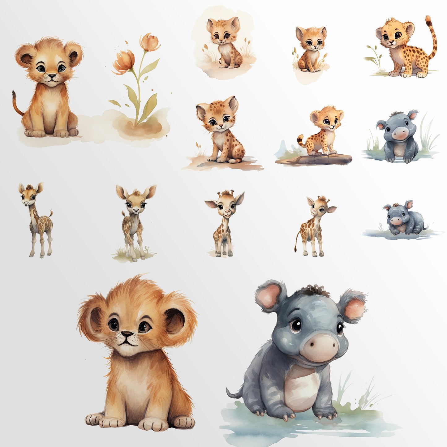 Safari Baby Animals Watercolor Clipart - Cute Baby Shower Nursery Decor- Birthday Baby Monkey Lion Giraffe Zebra Elephant PNG Download