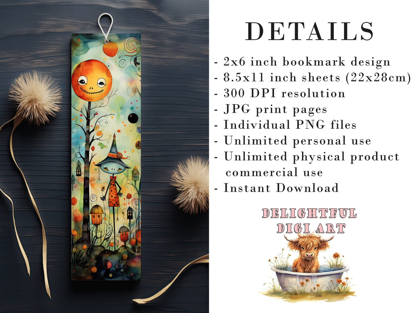 15 Cute Halloween Printable Bookmarks | Digital Download JPG Bookmark Set| PNG bookmark sublimation | Whimsical bookmark set | Fussy Cuts