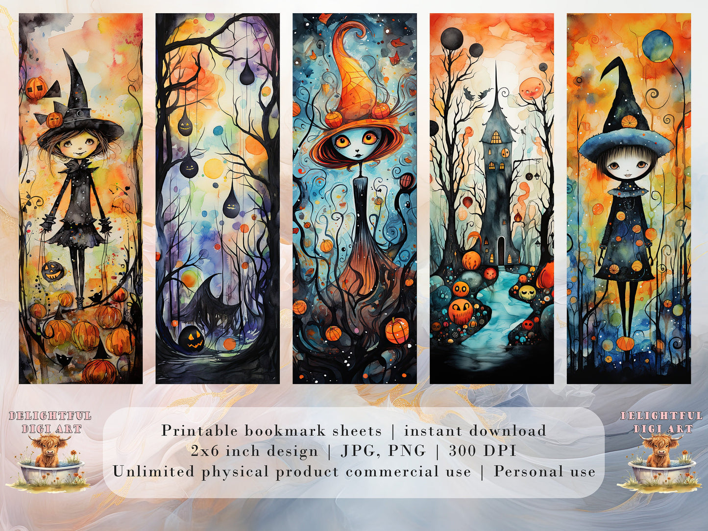 15 Cute Halloween Printable Bookmarks | Digital Download JPG Bookmark Set| PNG bookmark sublimation | Whimsical bookmark set | Fussy Cuts