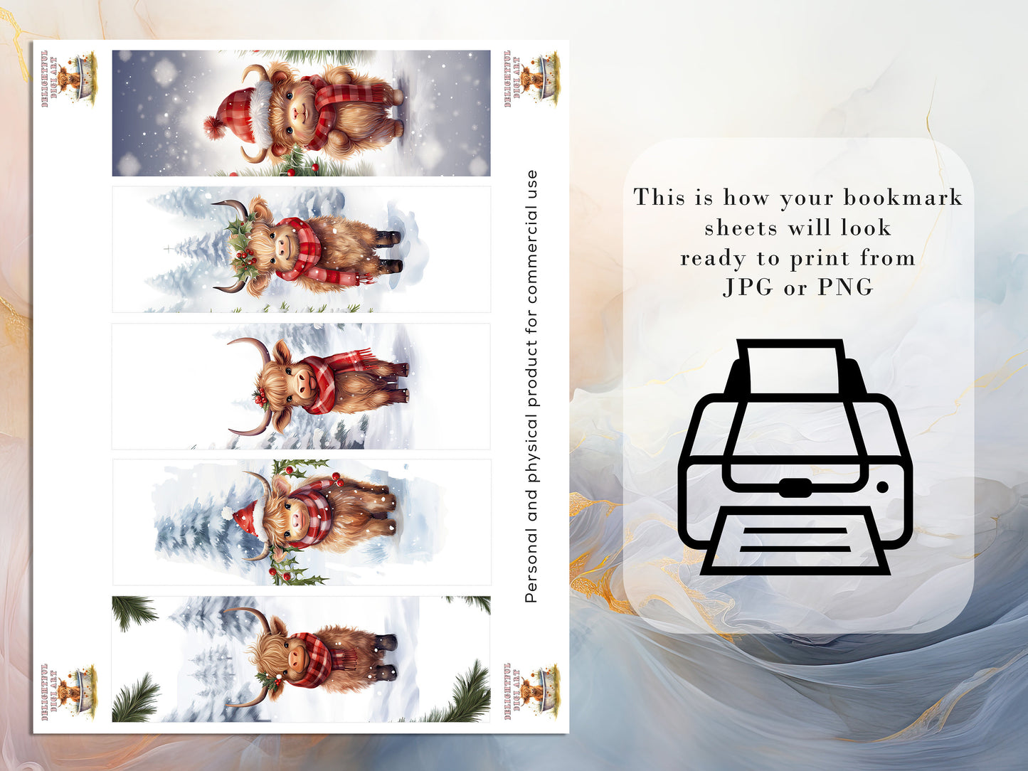 10 Christmas Highland Cow Printable Bookmarks | Digital Download JPG Bookmark Sheets | PNG bookmark sublimation | Calf bookmark set | Xmas