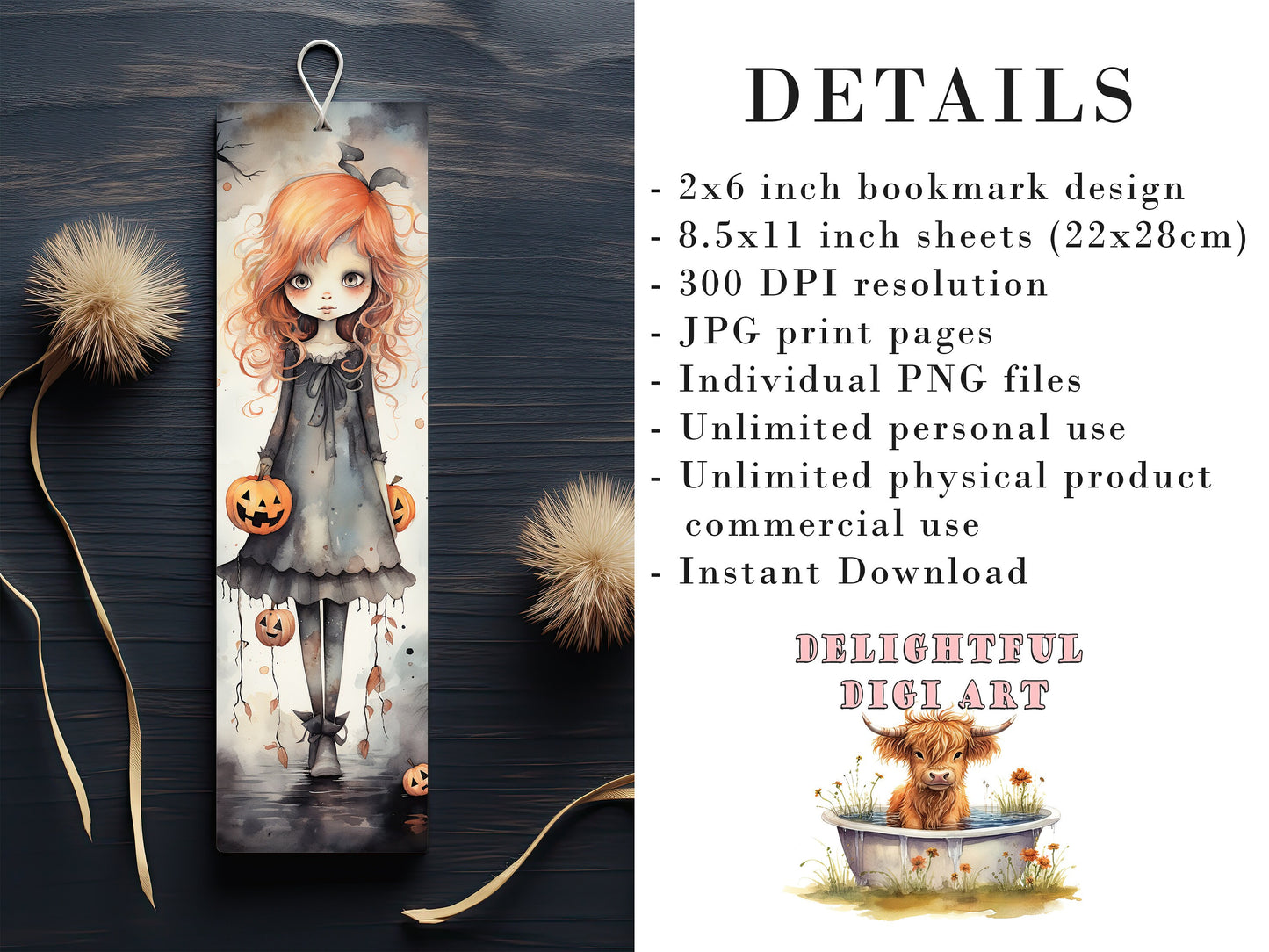 15 Cute Halloween Themed Printable Bookmarks | Digital Download JPG Bookmark Sheets | PNG bookmark sublimation | Whimsical bookmark set