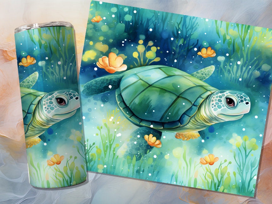 Cute Turtle 20oz Skinny Tumbler Sublimation Wrap | Digital Download Straight Tumbler Wrap PNG | Seamless Design| Whimsical Ocean Art