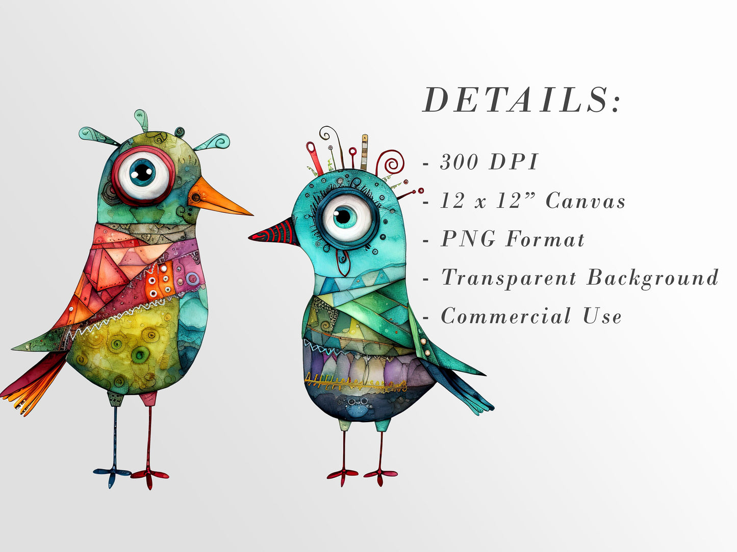 Whimsical Birds Clipart: Abstract Watercolor Birds for Crafts and Decor | PNG Bundle | Digital Download | Sublimation files | Retro Art Pack