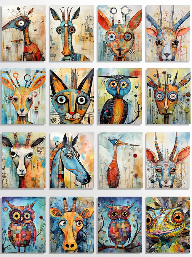 57 Abstract Animal Printable Art Pages| Digital Download JPG Paper Set| sublimation bundle| Whimsical Digital Paper Pack| Retro Junk Journal