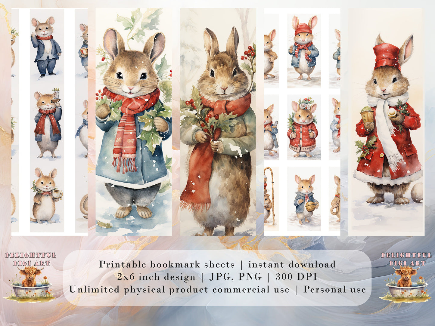 15 Cute Christmas Critter Printable Bookmarks | Digital Download JPG Bookmark Sheets | PNG bookmark sublimation | Bunny bookmark set | Xmas
