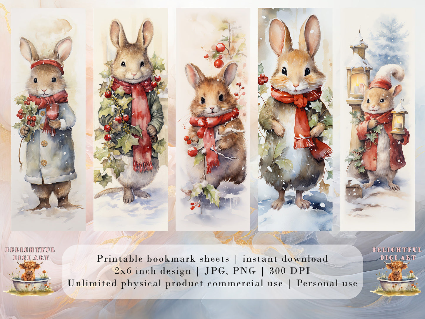 15 Cute Christmas Critter Printable Bookmarks | Digital Download JPG Bookmark Sheets | PNG bookmark sublimation | Bunny bookmark set | Xmas
