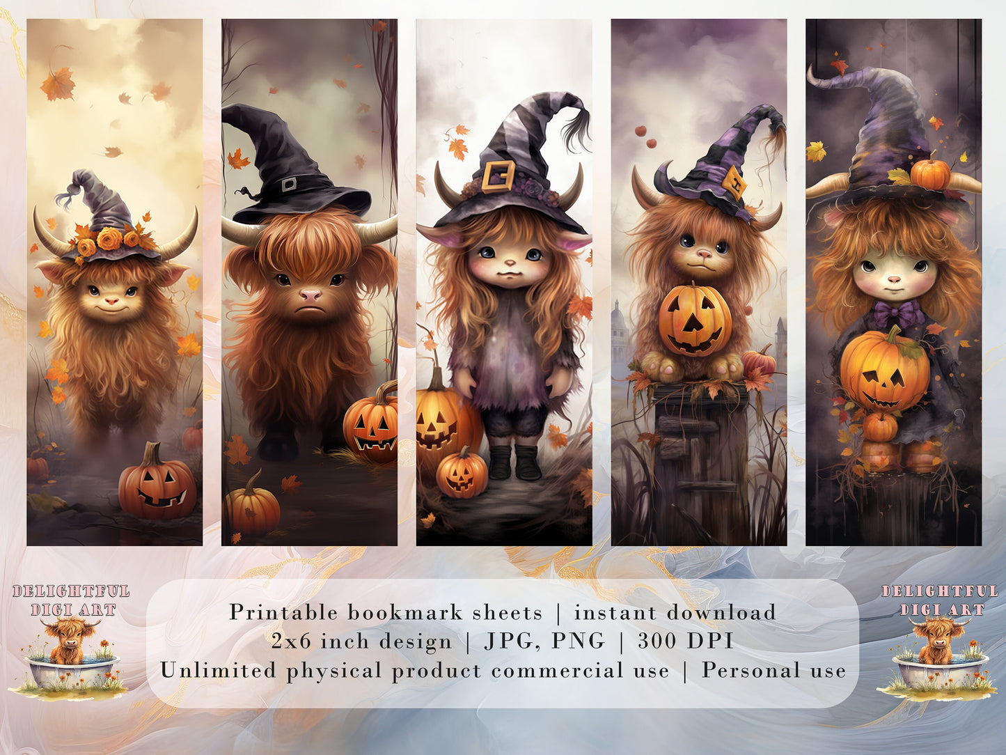 15 Cute Halloween Highland Cow Printable Bookmarks | Digital Download JPG Bookmark Set| PNG bookmark sublimation | Whimsical bookmark set