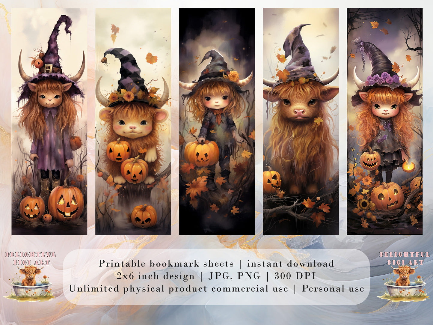 15 Cute Halloween Highland Cow Printable Bookmarks | Digital Download JPG Bookmark Set| PNG bookmark sublimation | Whimsical bookmark set