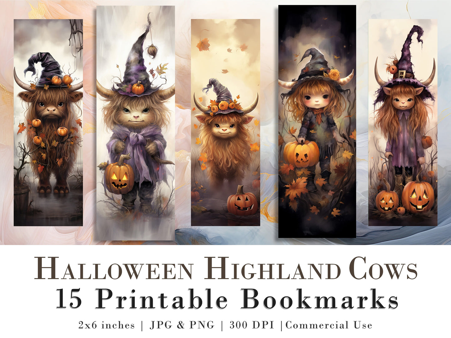 15 Cute Halloween Highland Cow Printable Bookmarks | Digital Download JPG Bookmark Set| PNG bookmark sublimation | Whimsical bookmark set