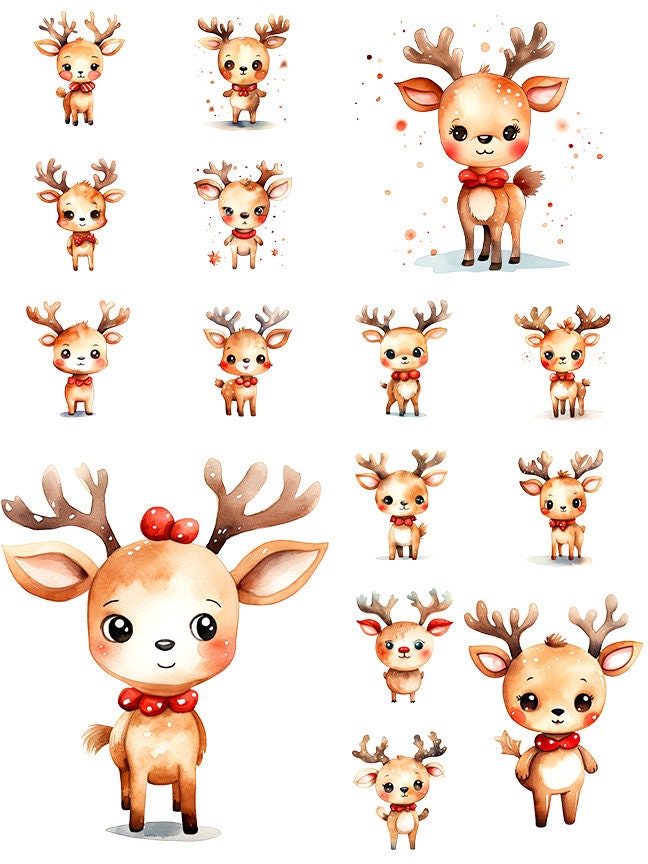 Cute Reindeer Clipart: Reindeer Art for Christmas Crafts and Decor | PNG Bundle | Digital Download | Sublimation files| Kawaii X-mas Pack