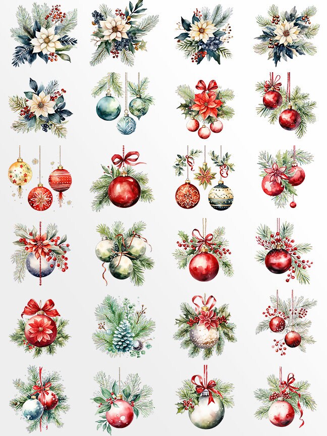 60 Christmas Decorations Clipart: Watercolor Ornaments for Crafts and Decor | PNG Bundle | Digital Download | Sublimation Designs| Retro Art