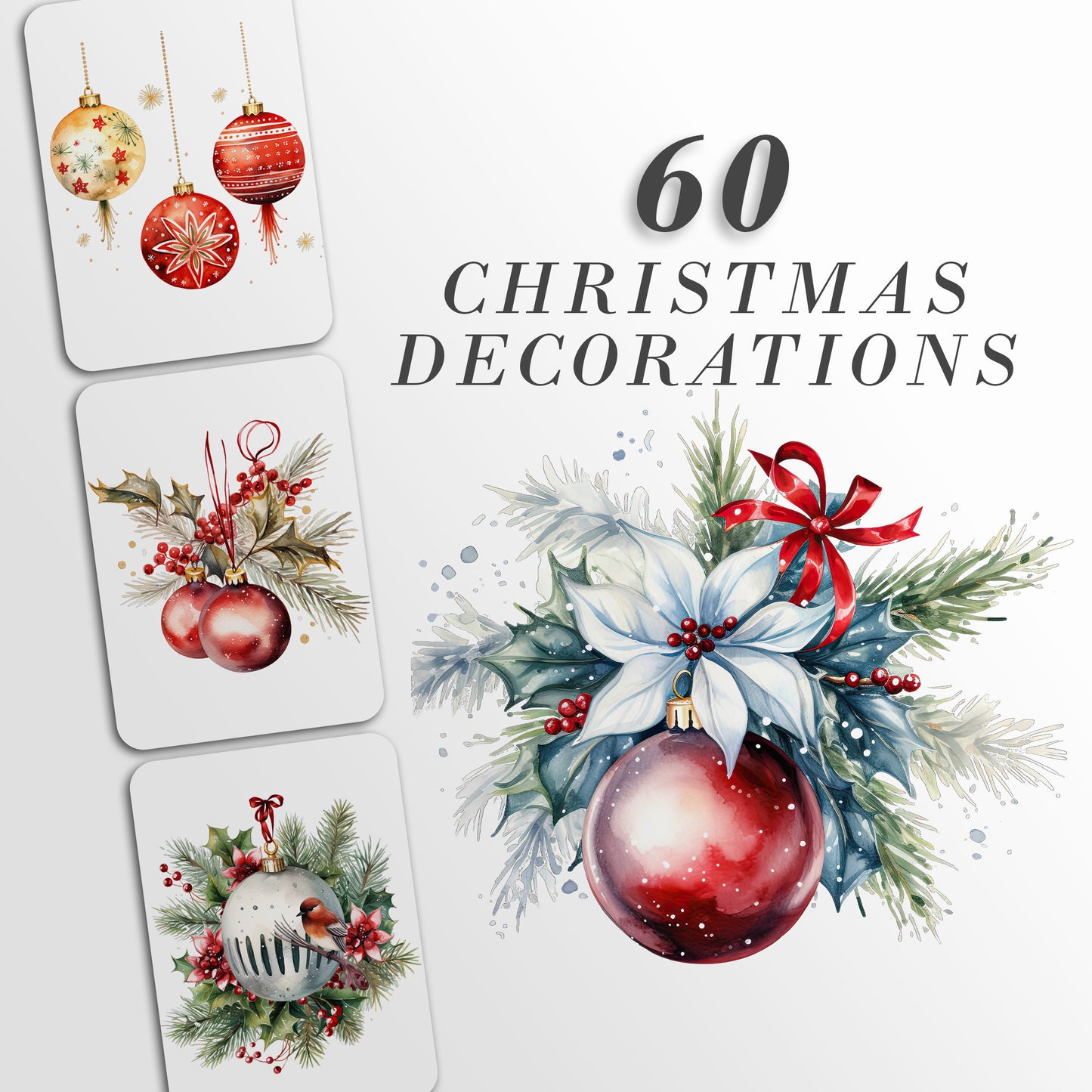 60 Christmas Decorations Clipart: Watercolor Ornaments for Crafts and Decor | PNG Bundle | Digital Download | Sublimation Designs| Retro Art
