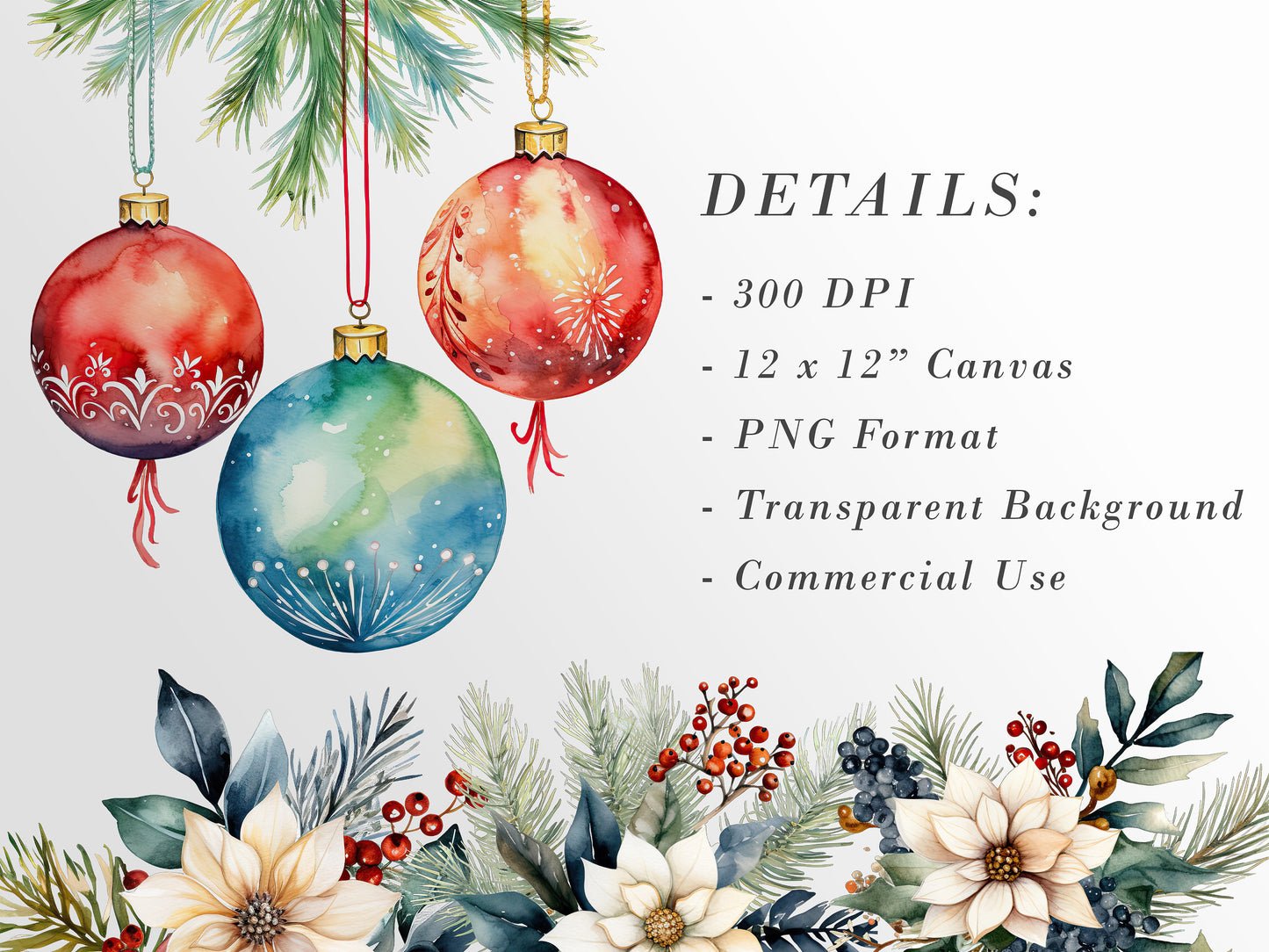 60 Christmas Decorations Clipart: Watercolor Ornaments for Crafts and Decor | PNG Bundle | Digital Download | Sublimation Designs| Retro Art