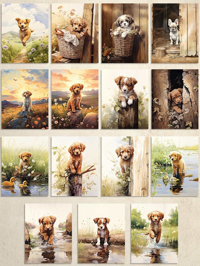 15 Cute Country Puppies Printable Art Pages| Digital Download JPG Paper Set| Whimsical Digital Paper Bundle| Dog Lover Art| Dog Graphics