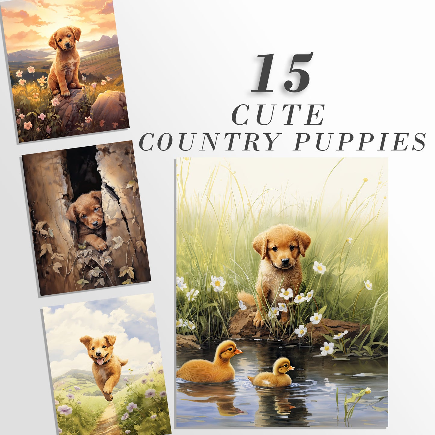 15 Cute Country Puppies Printable Art Pages| Digital Download JPG Paper Set| Whimsical Digital Paper Bundle| Dog Lover Art| Dog Graphics