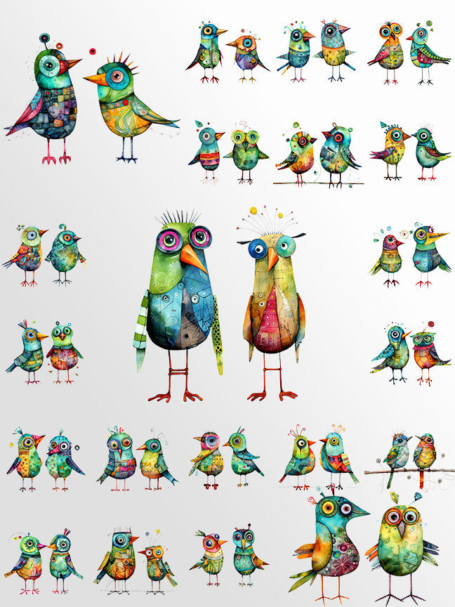 Whimsical Birds Clipart: Abstract Watercolor Birds for Crafts and Decor | PNG Bundle | Digital Download | Sublimation files | Retro Art Pack