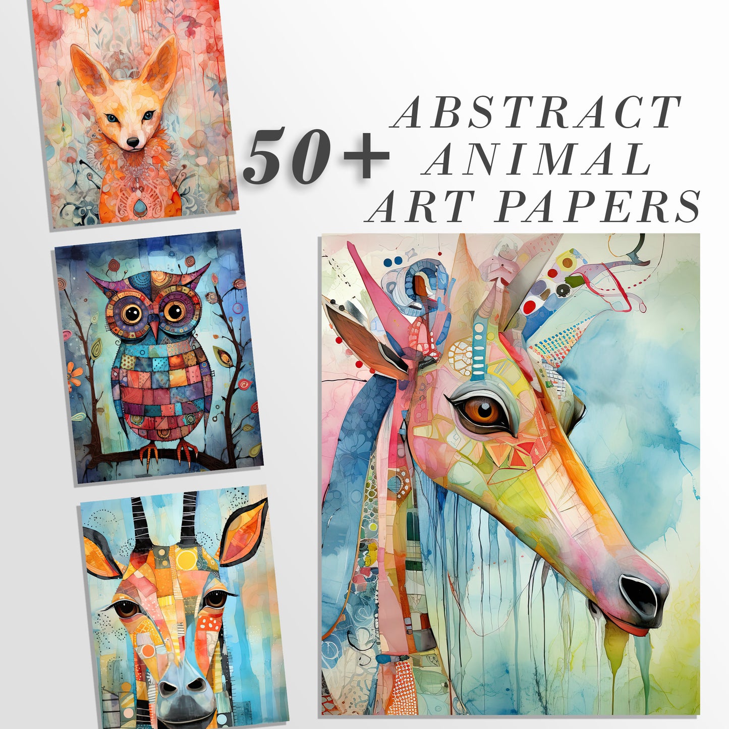 57 Abstract Animal Printable Art Pages| Digital Download JPG Paper Set| sublimation bundle| Whimsical Digital Paper Pack| Retro Junk Journal