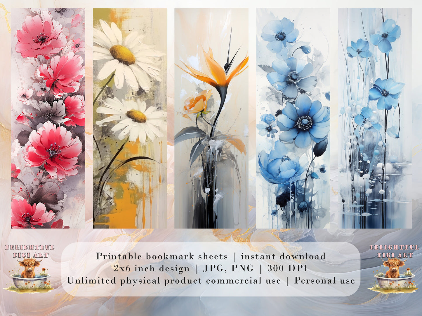 20 Ink Wash Flowers Printable Bookmarks | Digital Download JPG Bookmark Set| PNG bookmark sublimation | Whimsical bookmark set | Fussy Cuts