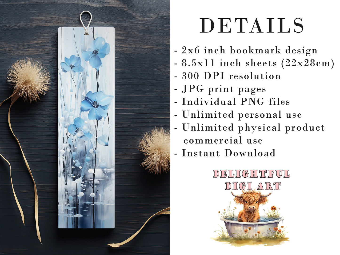 20 Ink Wash Flowers Printable Bookmarks | Digital Download JPG Bookmark Set| PNG bookmark sublimation | Whimsical bookmark set | Fussy Cuts