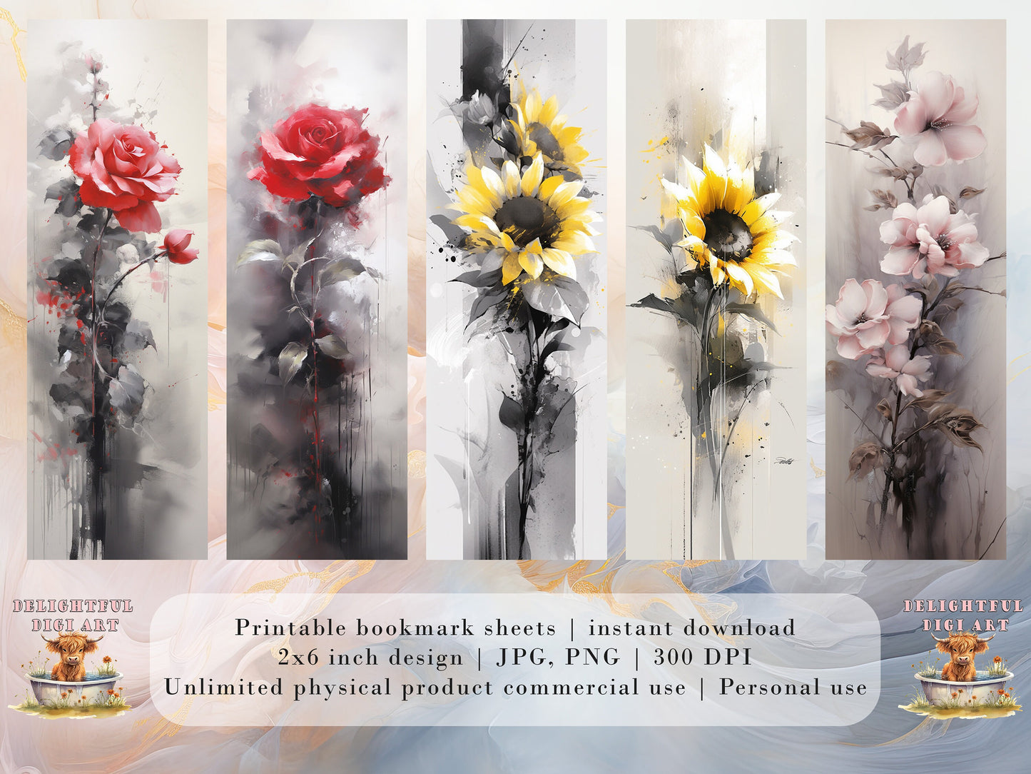 20 Ink Wash Flowers Printable Bookmarks | Digital Download JPG Bookmark Set| PNG bookmark sublimation | Whimsical bookmark set | Fussy Cuts