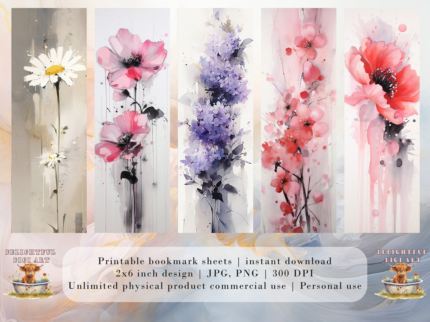 20 Ink Wash Flowers Printable Bookmarks | Digital Download JPG Bookmark Set| PNG bookmark sublimation | Whimsical bookmark set | Fussy Cuts